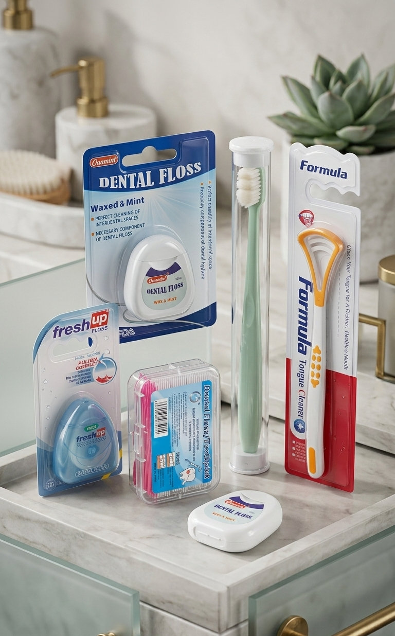 Complete Oral Hygiene Kit - 4-in-1 Teeth Cleaning Kit with Stainless Steel Tongue Scraper, Mint Dental Floss, Interdental Brush Set, and Soft Picks - Professional Home & Travel Dental Kit