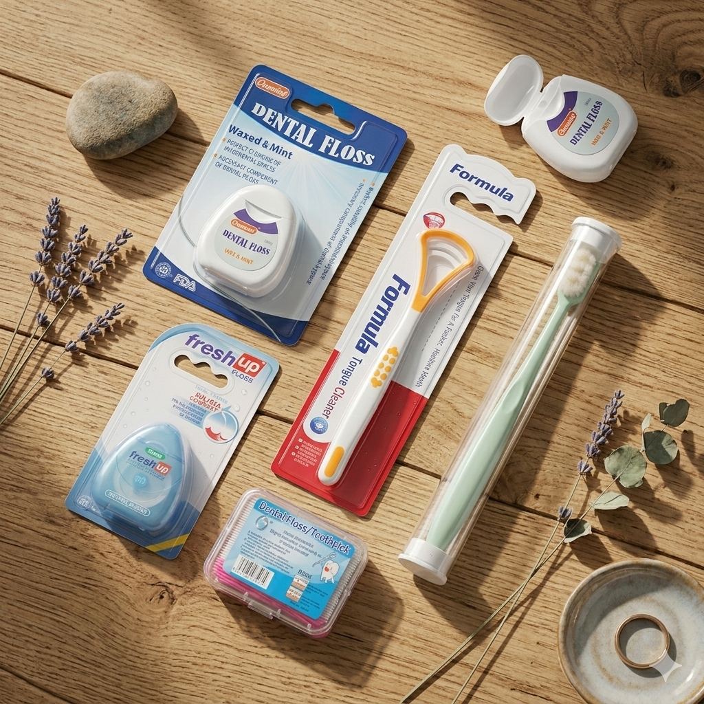 Complete Oral Hygiene Kit - 4-in-1 Teeth Cleaning Kit with Stainless Steel Tongue Scraper, Mint Dental Floss, Interdental Brush Set, and Soft Picks - Professional Home & Travel Dental Kit