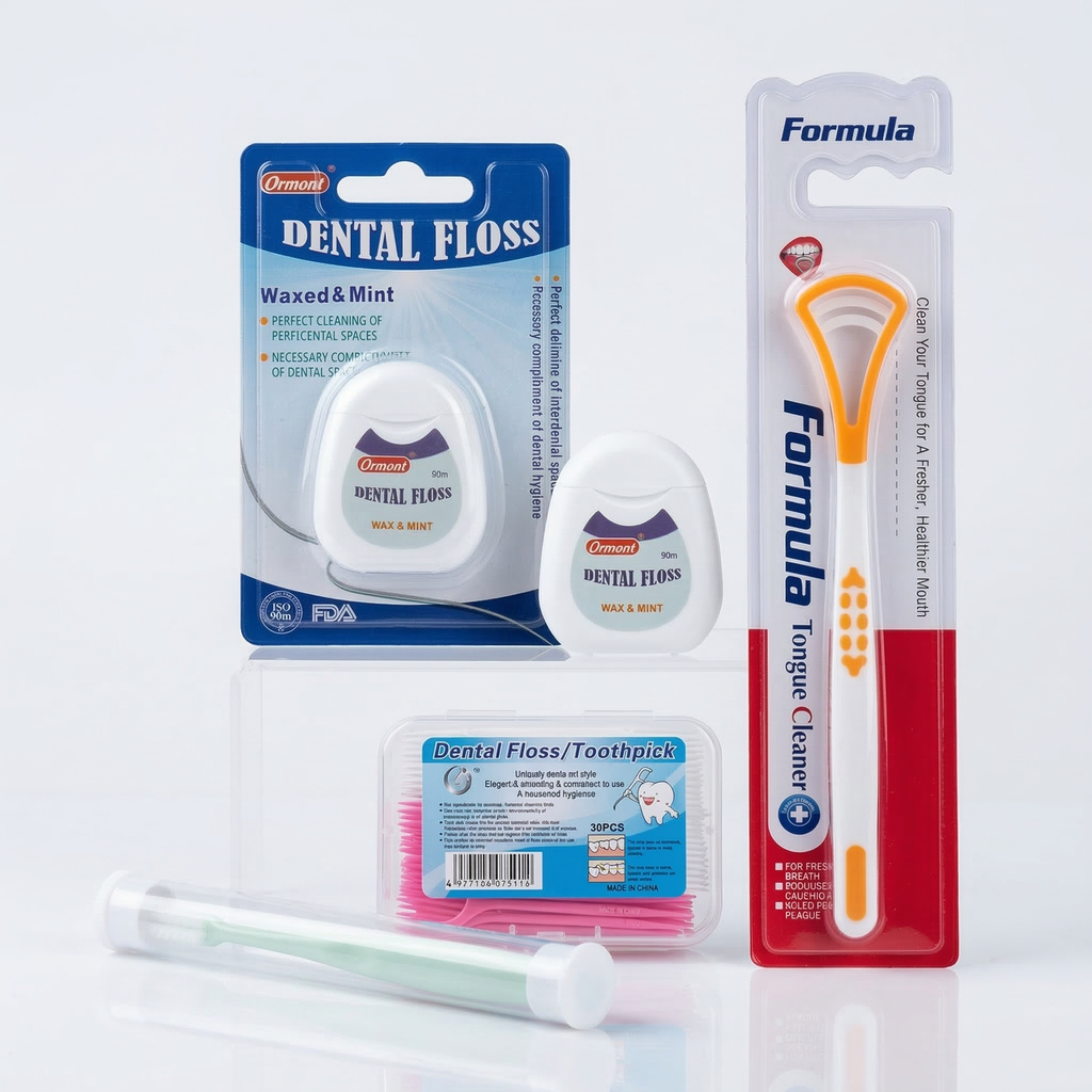 Complete Oral Hygiene Kit - 4-in-1 Teeth Cleaning Kit with Stainless Steel Tongue Scraper, Mint Dental Floss, Interdental Brush Set, and Soft Picks - Professional Home & Travel Dental Kit