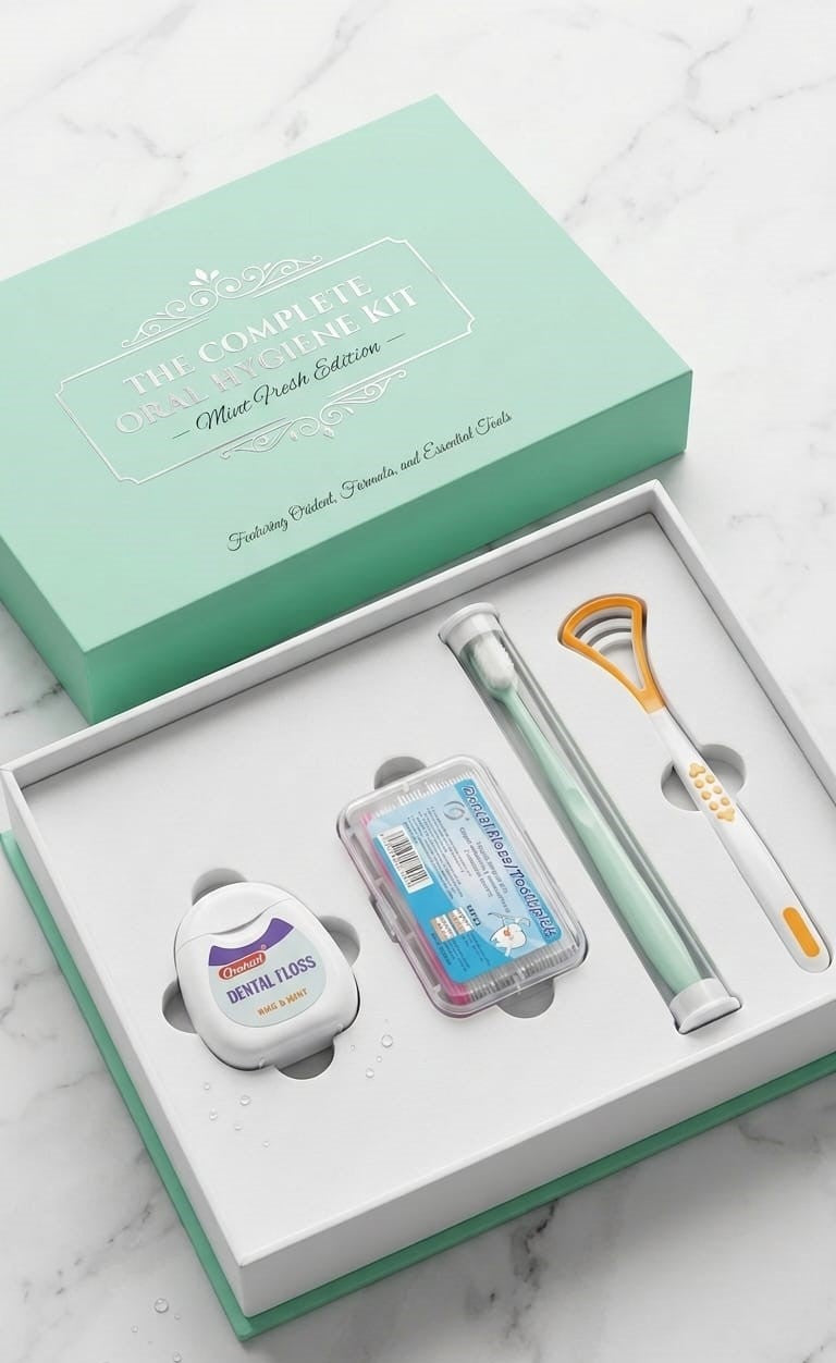 Complete Oral Hygiene Kit - 4-in-1 Teeth Cleaning Kit with Stainless Steel Tongue Scraper, Mint Dental Floss, Interdental Brush Set, and Soft Picks - Professional Home & Travel Dental Kit