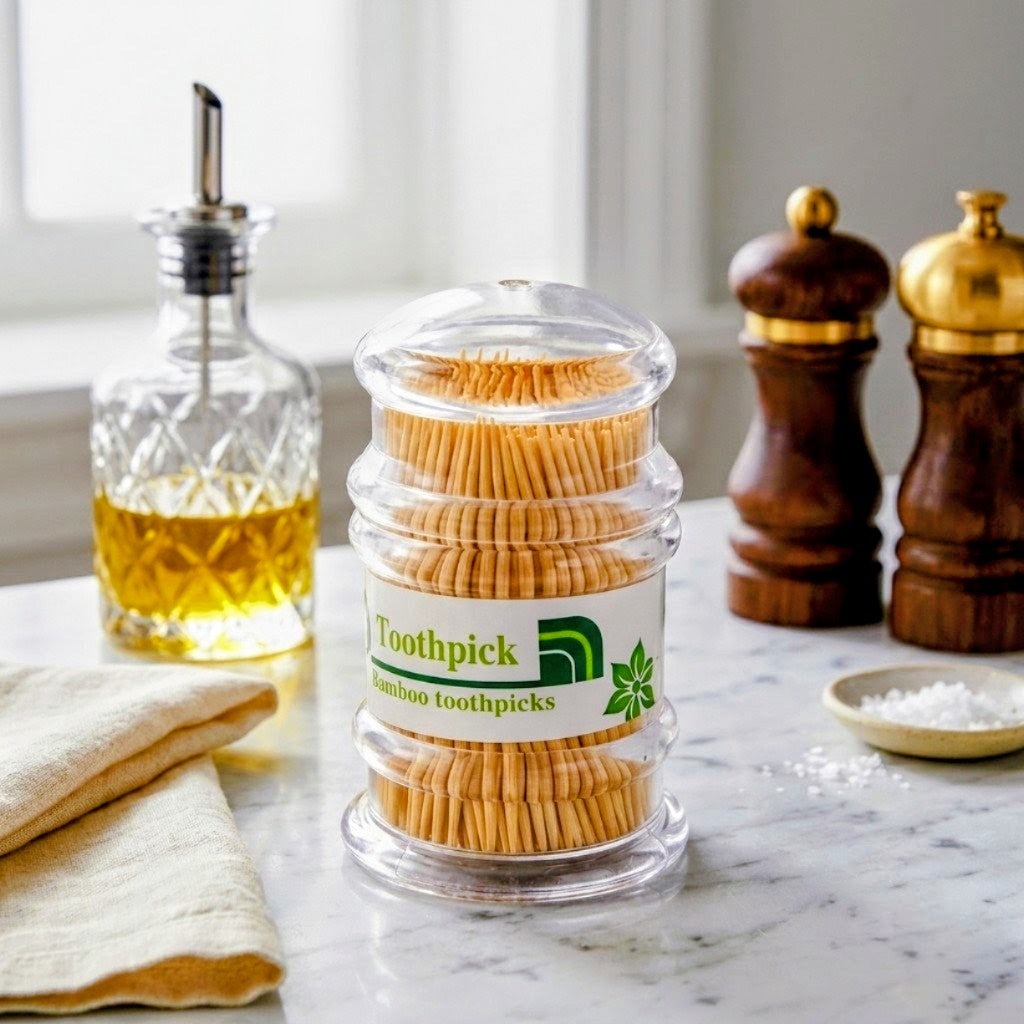 Premium Eco-Friendly Bamboo Toothpicks in Clear Portable Dispenser